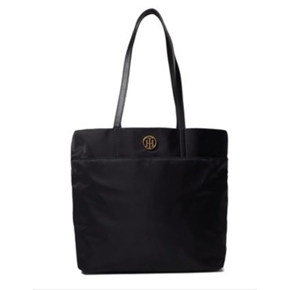 Tommy Hilfiger Tote Bag Womens Large Nylon Black Gold Logo Excellent